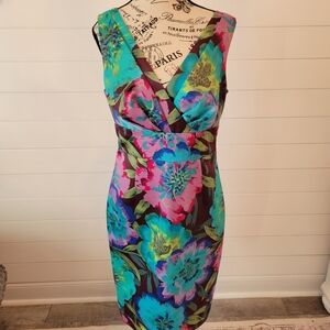 Calvin Klein Teal & Pink Floral V-Neck Midi Dress
